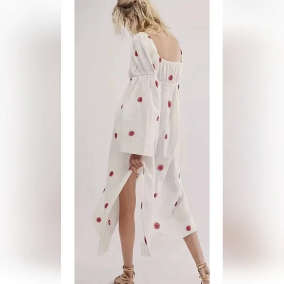 Free People Midi Dress Ivory Red Emory Embroider Cotton Preppy Boho Small - Picture 3 of 16